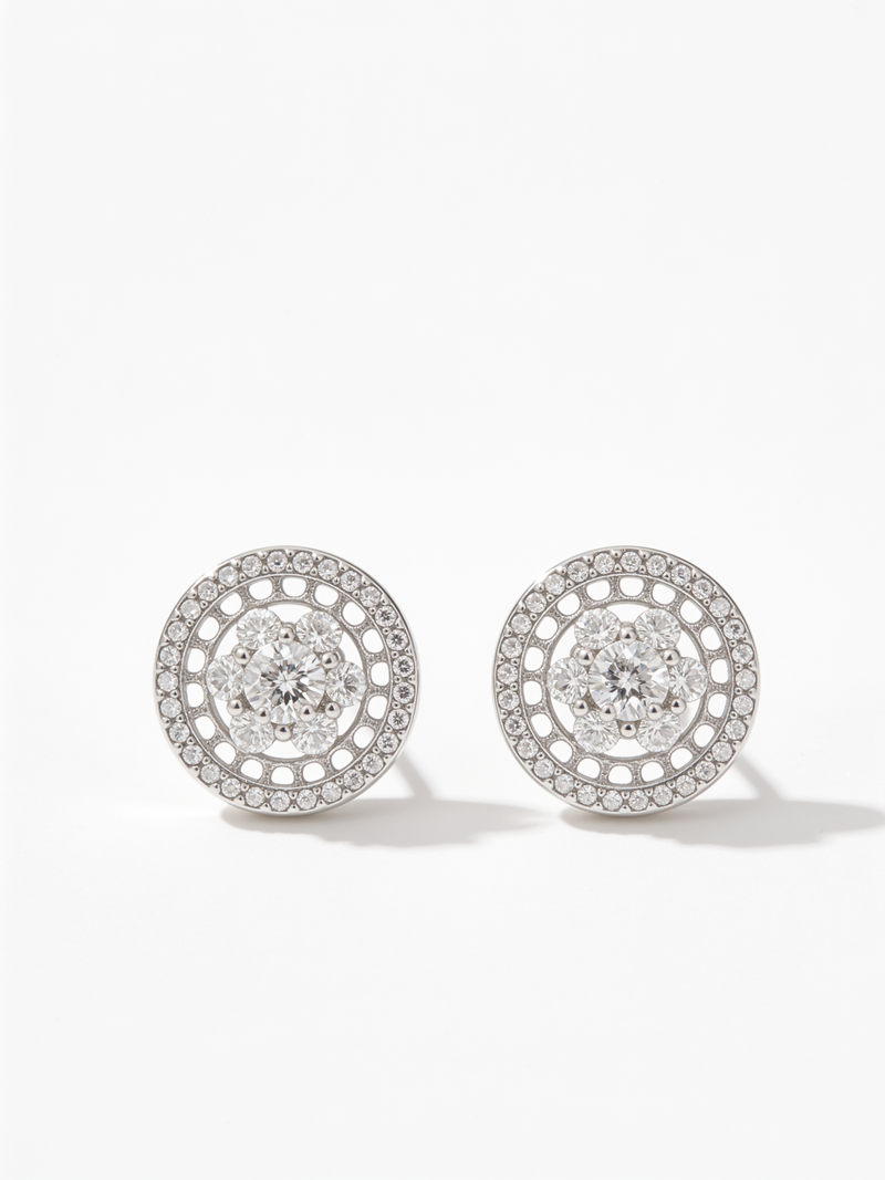 Orecchini Bottone Halo in Argento 925 con Zirconi