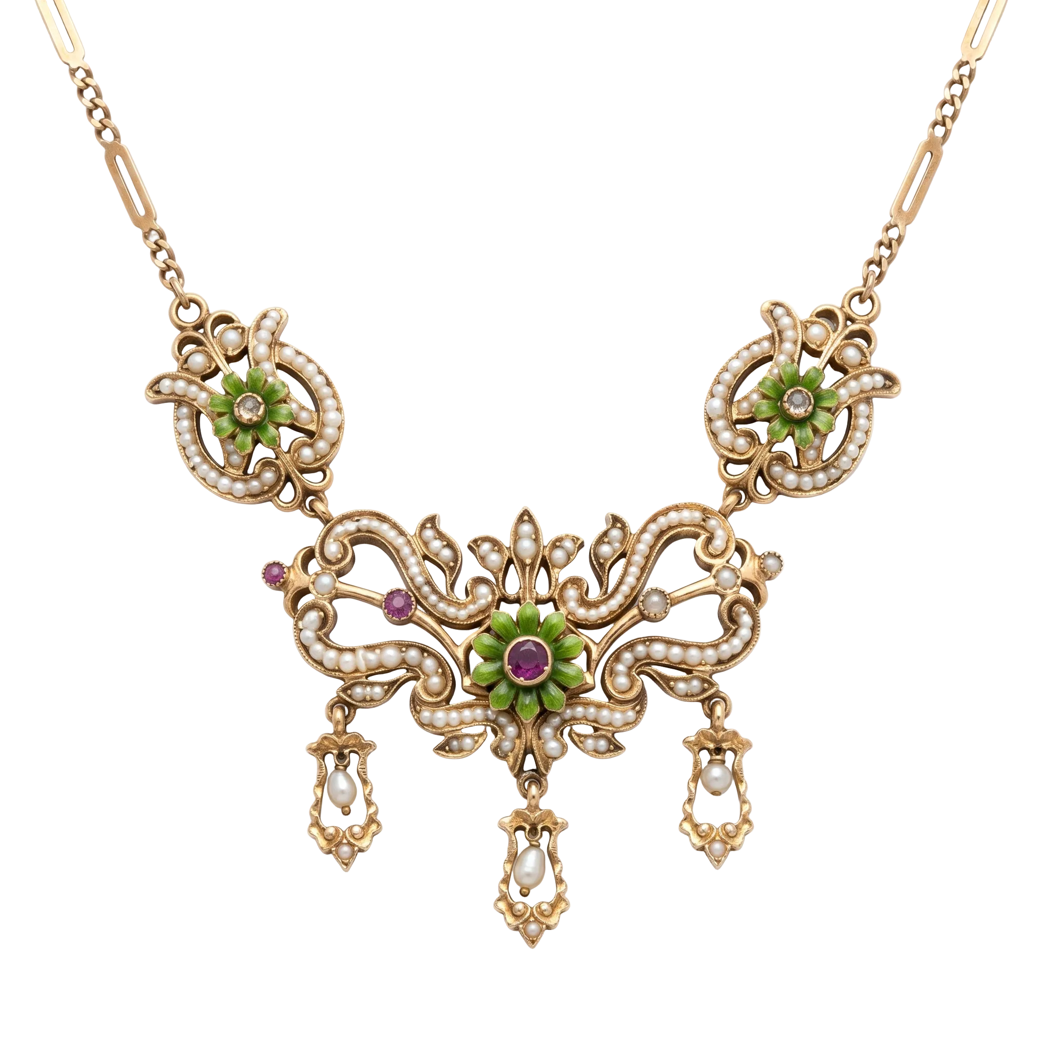 Collana in stile Liberty con microperle, smalto verde e pietre rosse
